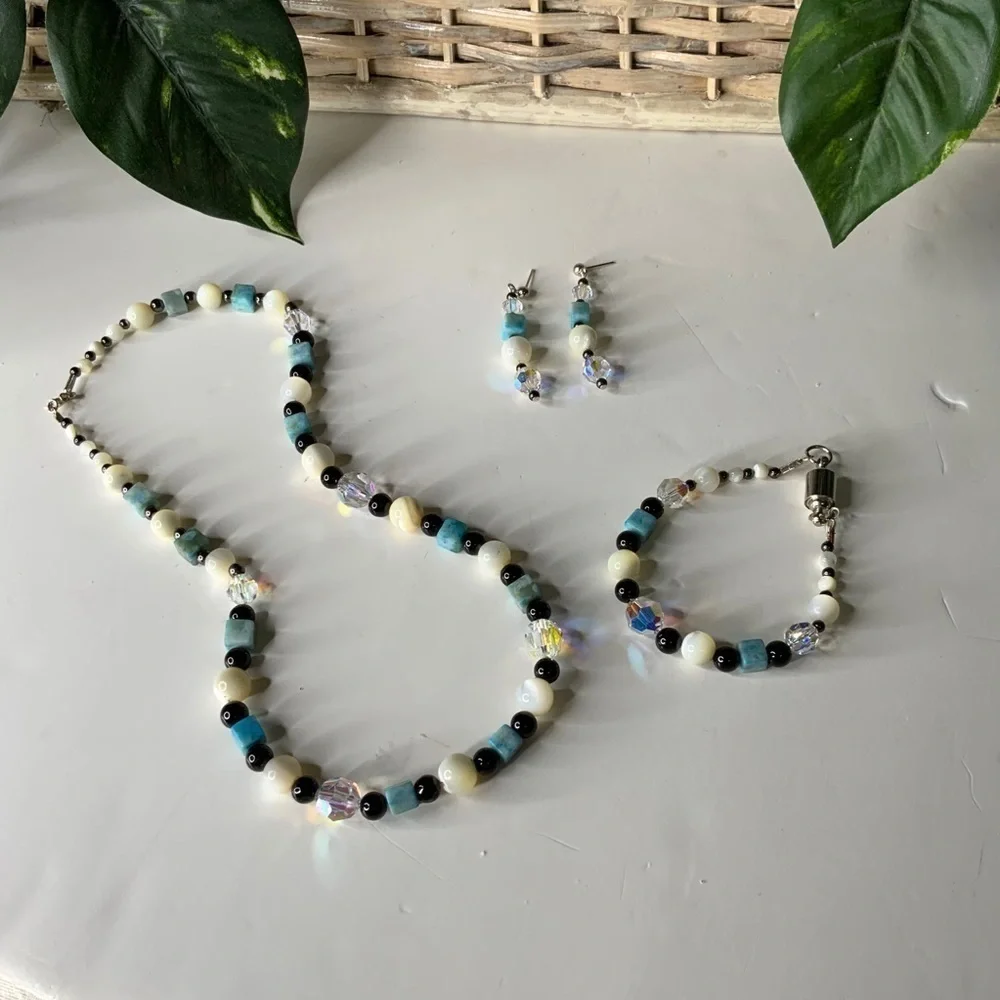 Blue Angelite Cubes Black, White Beads & Crystal Jewelry Set